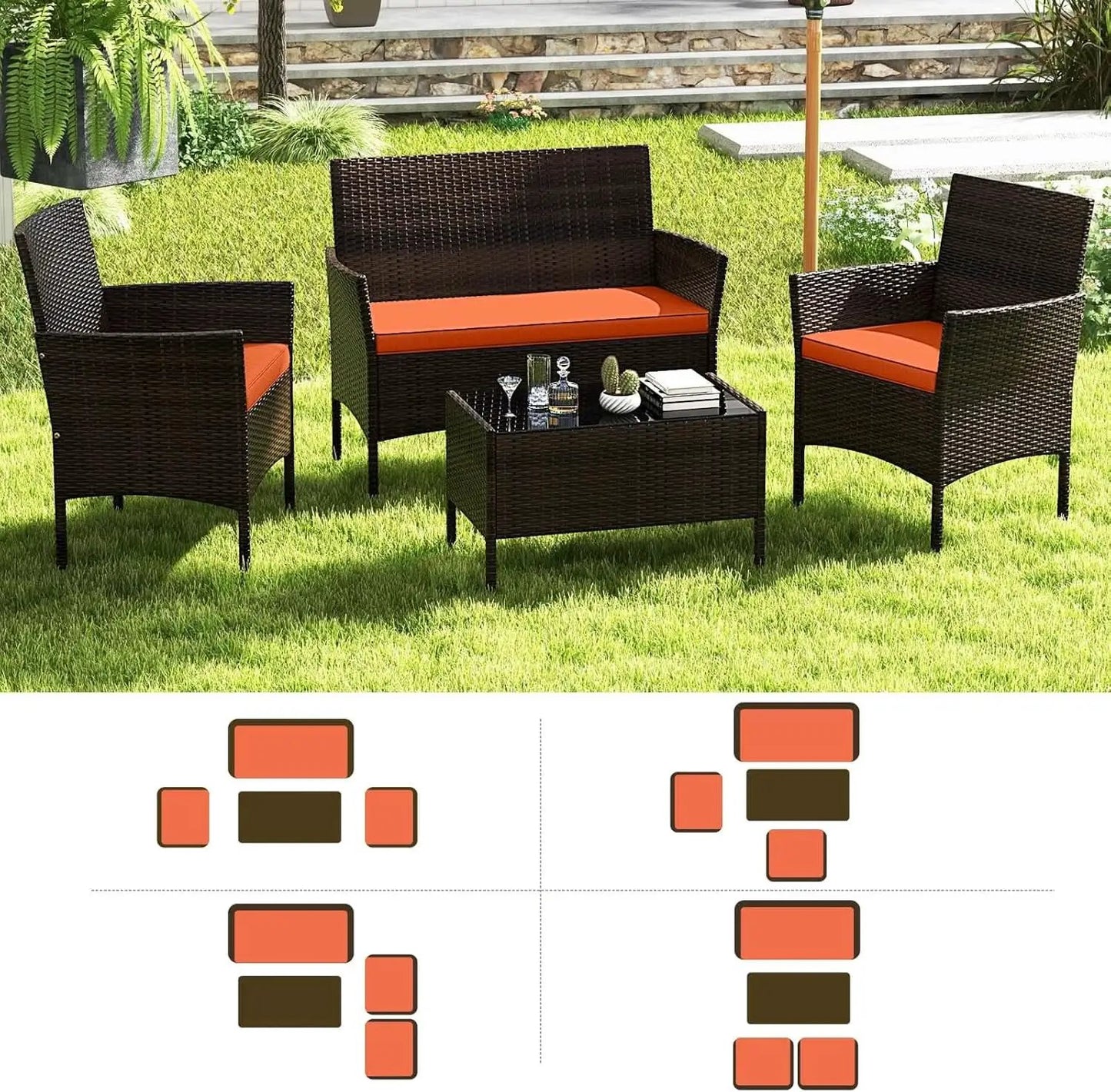 Elegant Rattan Patio Furniture Set with Cushions and Table from PriceLows™