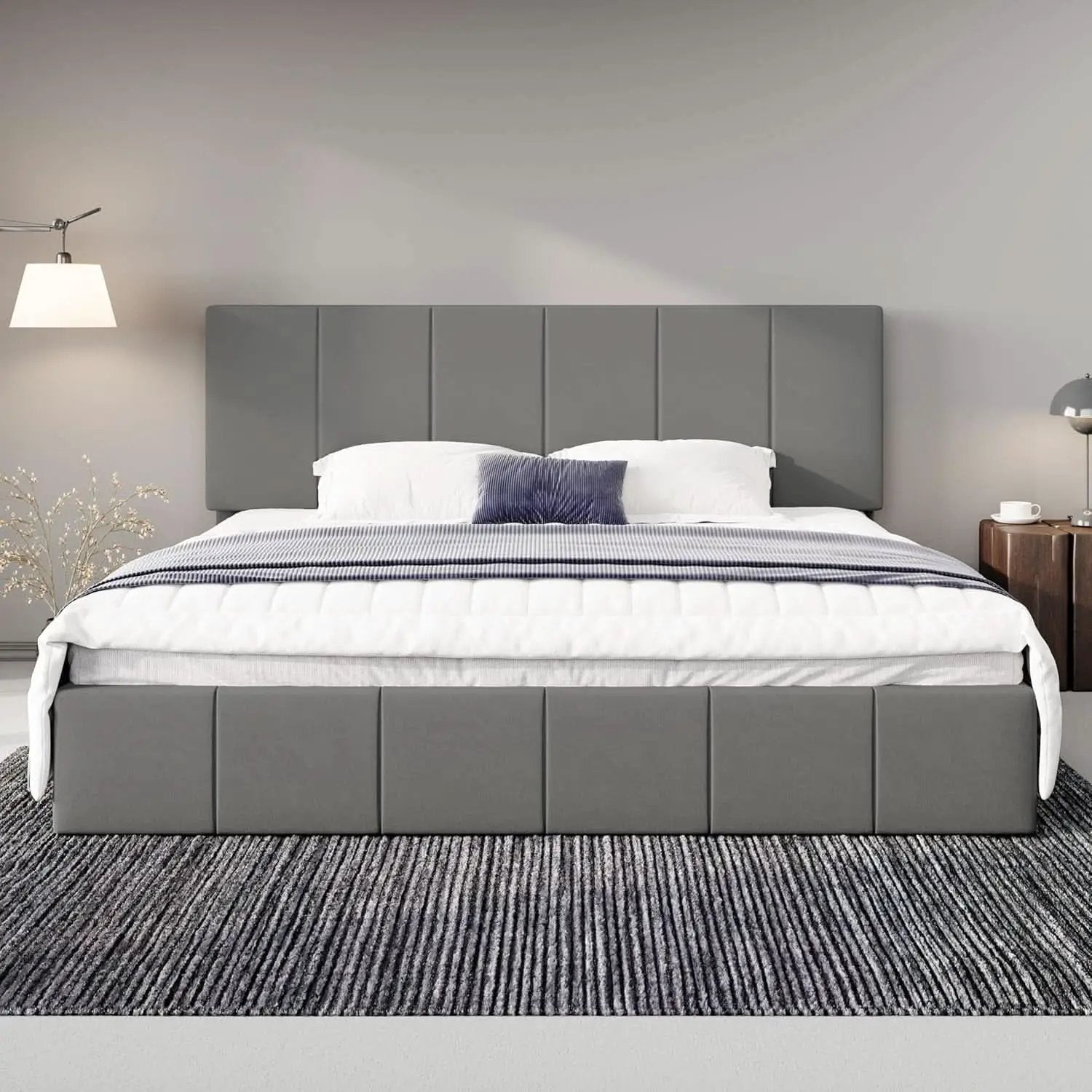 King Size Grey Velvet Upholstered Platform Bed Frame from PriceLows™