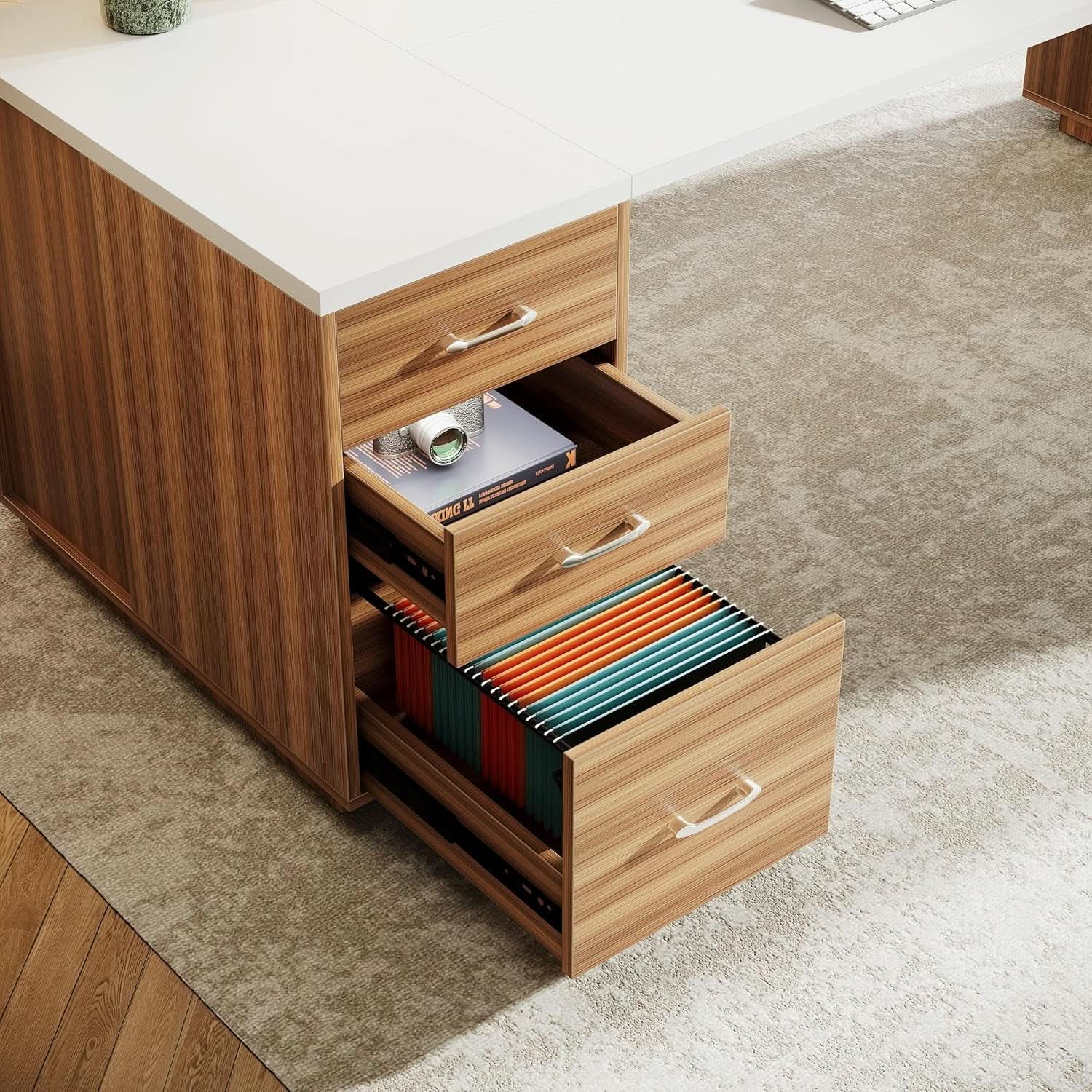 85 Point 8 Inch L-Shaped Executive Desk White Walnut Storage Cabinet from PriceLows™