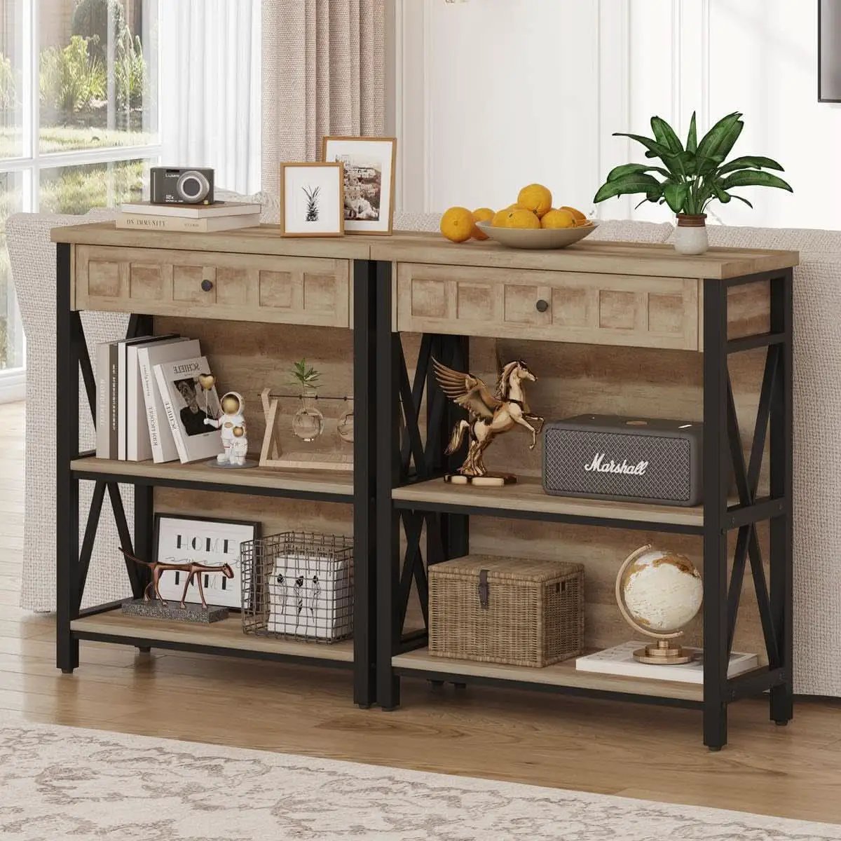 Rustic Oak 3 Tier Bookshelf With Drawer Industrial Wood And Metal Bookcase from PriceLows™