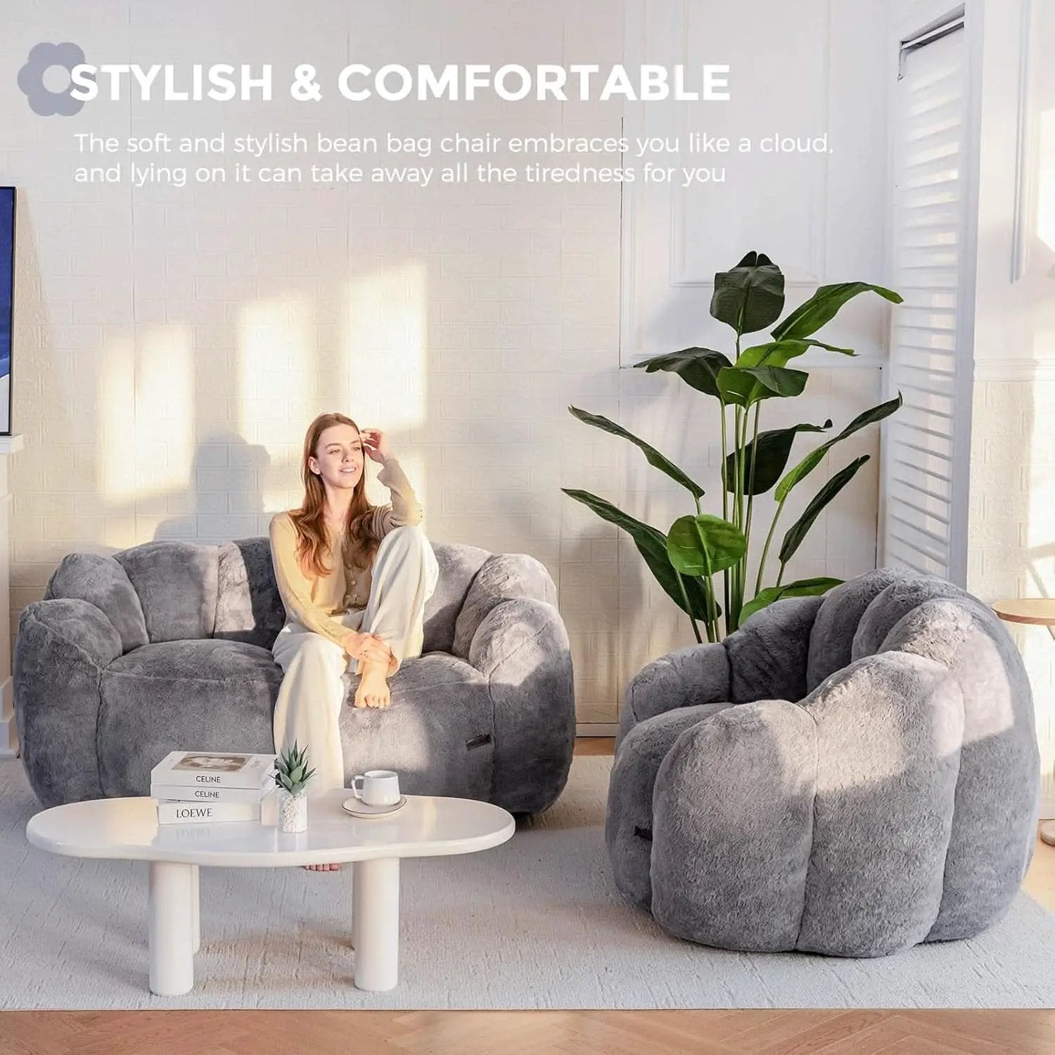 Dark Grey Floral Faux Fur Bean Bag Chair For Adults from PriceLows™