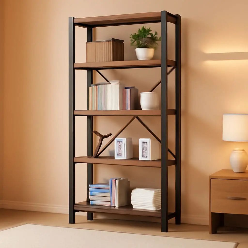 5 Tier Industrial Solid Wood Bookcase With Metal Frame from PriceLows™