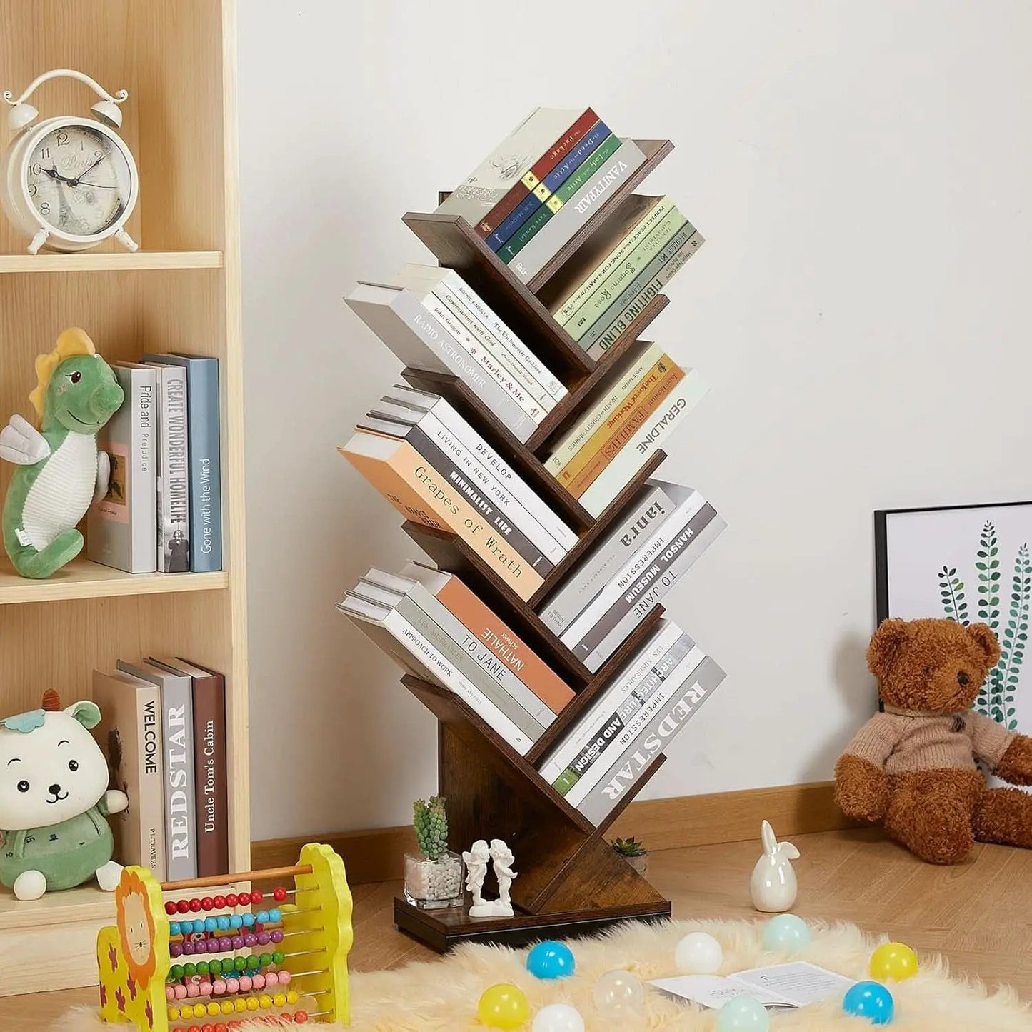 8 Tier Tree Bookshelf Floor Standing Bookcase For Books CDs Rustic Wood from PriceLows™