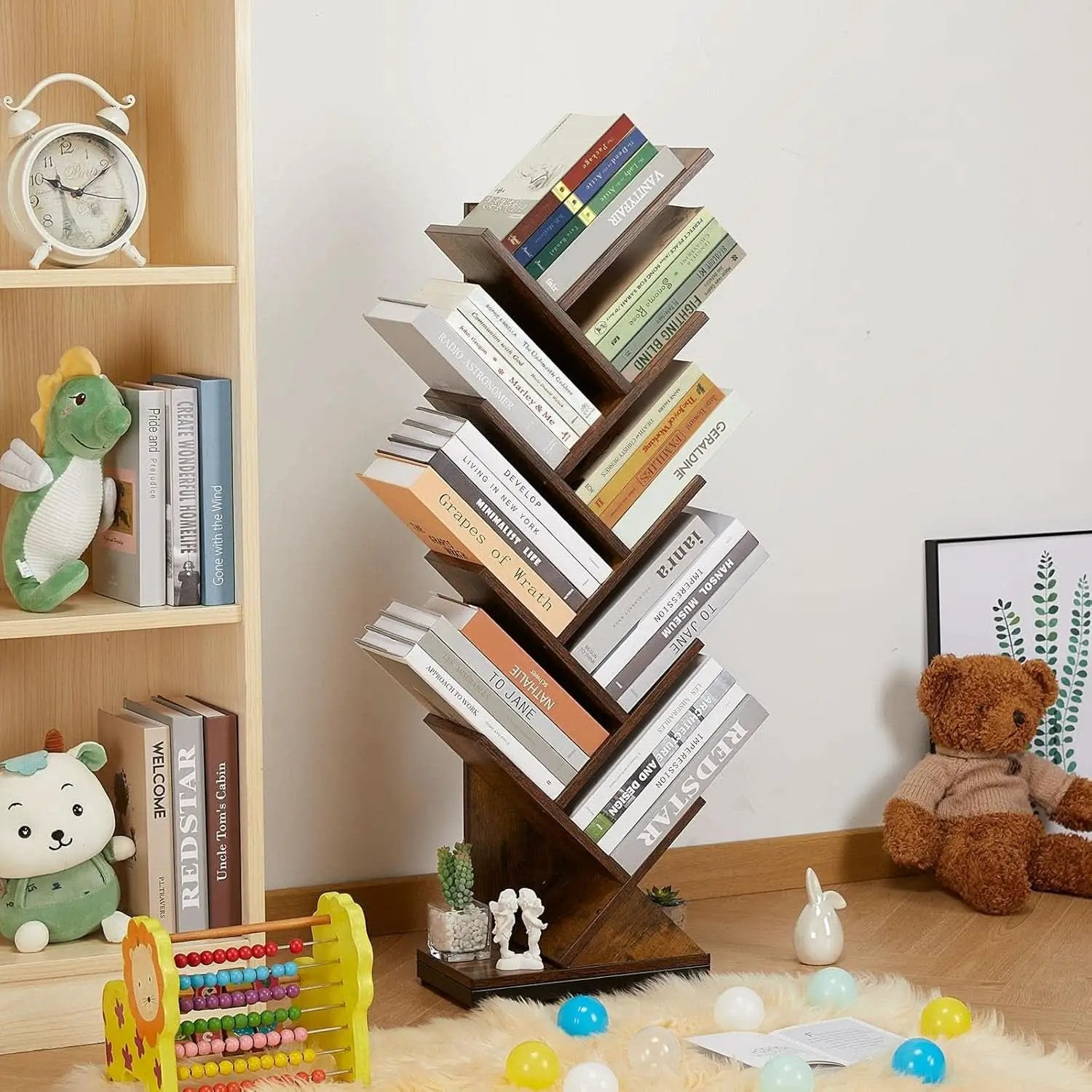 8 Tier Tree Bookshelf Floor Standing Bookcase For Books CDs Rustic Wood from PriceLows™