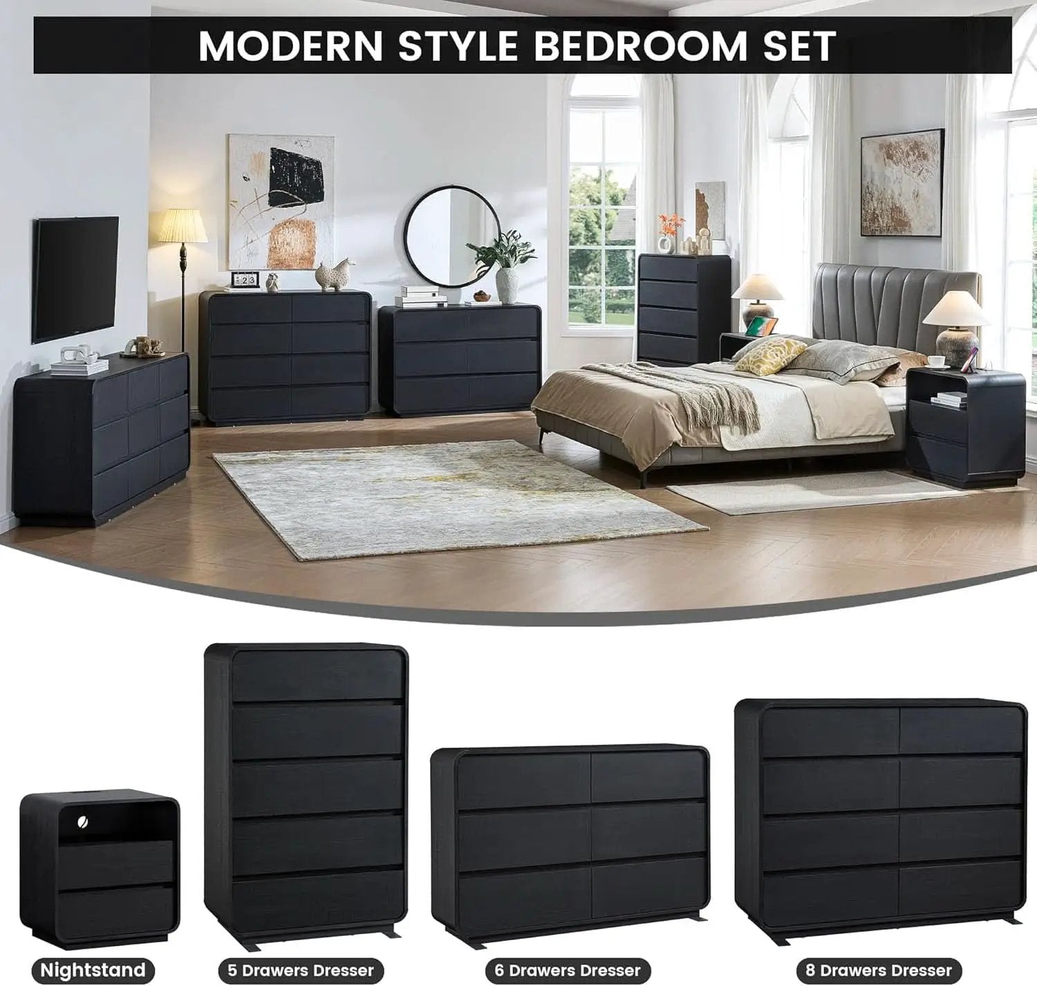 Black Hardwood Dresser With Curved Front Storage Panel from PriceLows™