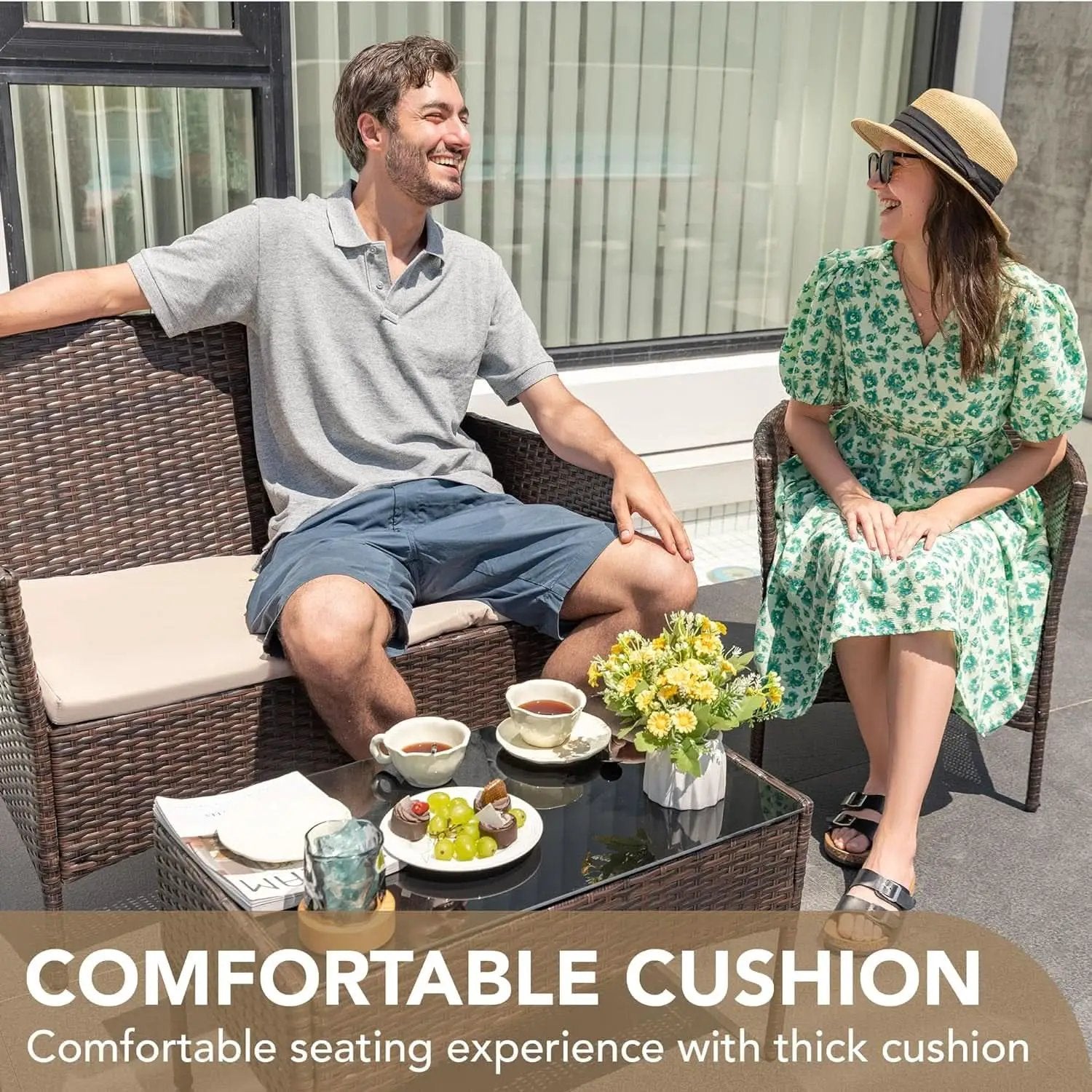 4 Piece PE Rattan Patio Furniture Set With Beige Cushions from PriceLows™