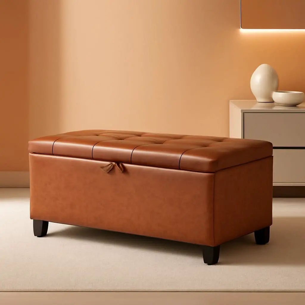 Storage Ottoman Tufted Leather Reddish Brown Bench from PriceLows™