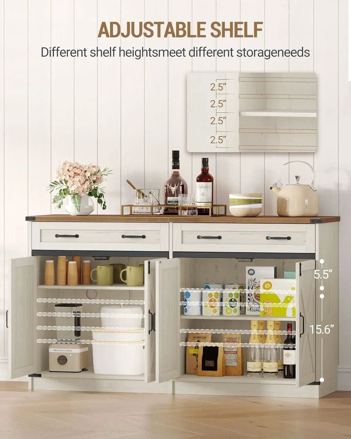 White Brown Farmhouse Buffet Cabinet Adjustable Shelves from PriceLows™