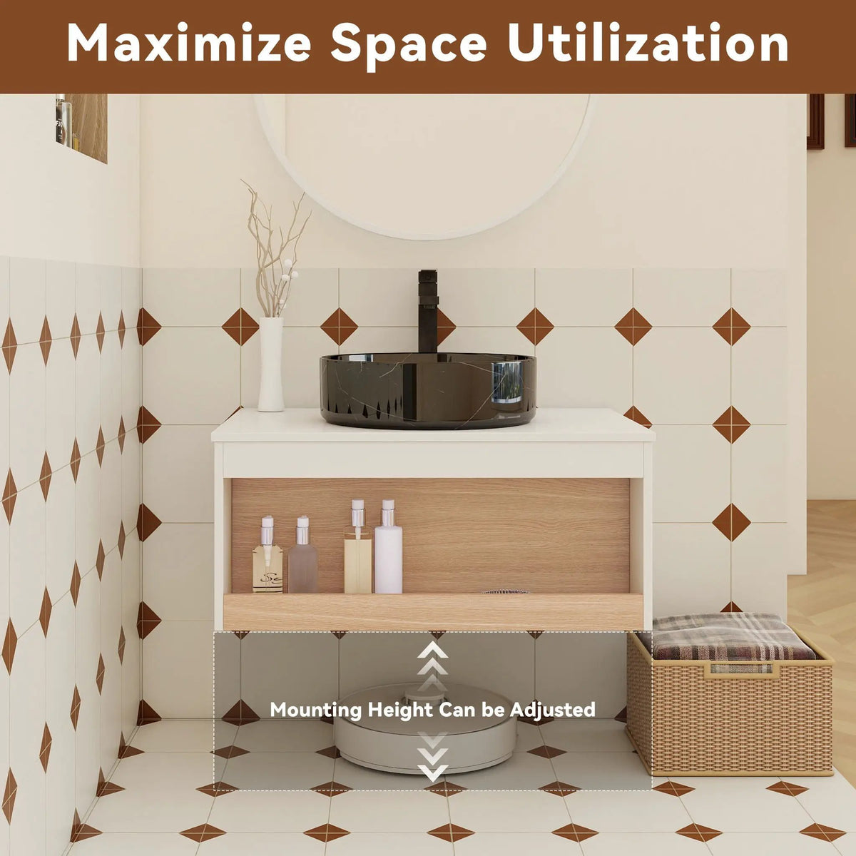 Wall Mounted Bathroom Vanity | Vessel Sink | Open Shelf Storage