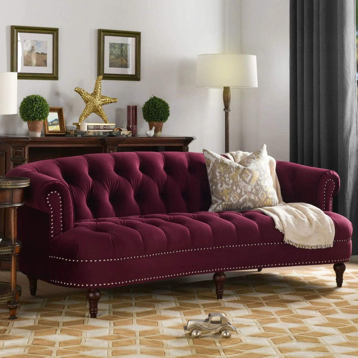 La Rosa Victorian Chesterfield Tufted Sofa | 3 Pieces | Fabric & Iron | Living Room