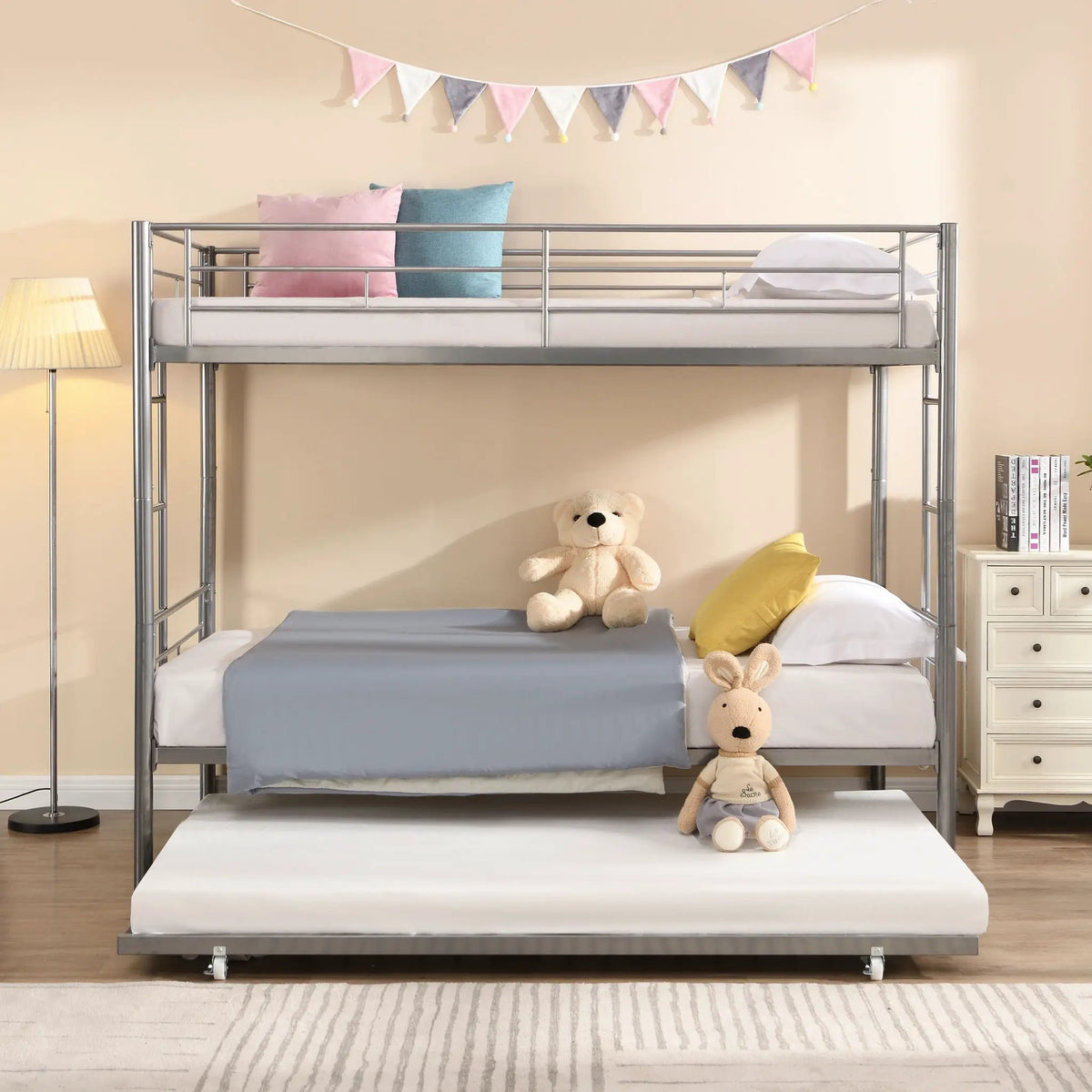 Bunk Bed With Trundle | Heavy Duty Steel | Space Saving | Twin Top