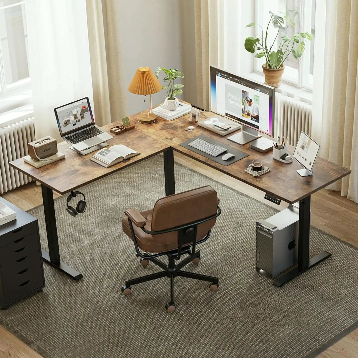 Electric L-Shaped Standing Desk 63 By 55 Inch Rustic Brown from PriceLows™