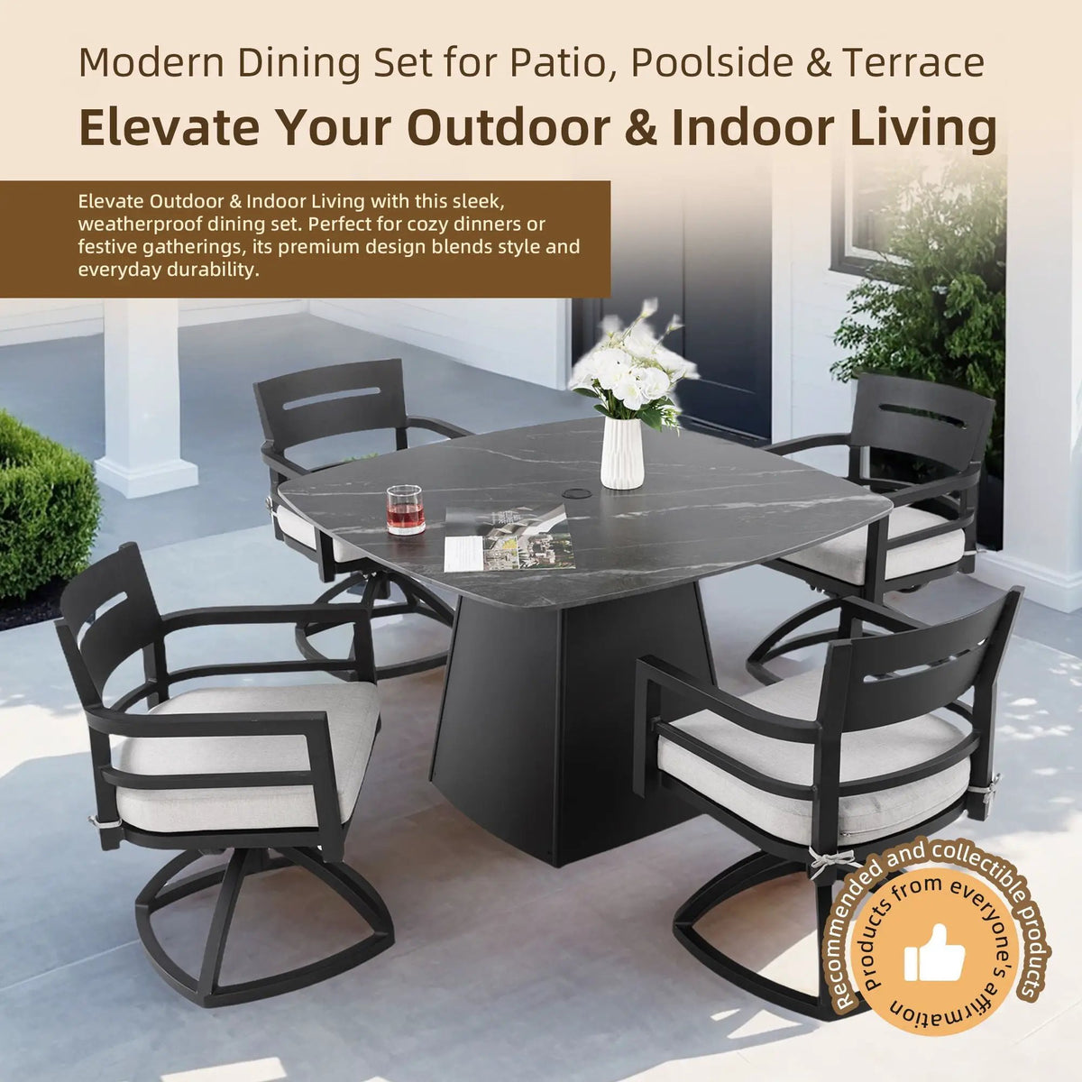 Outdoor Patio Dining Set | Squircle Sintered Stone Table | Sunbrella Cushion Chairs | Rust-Free Aluminum Frame