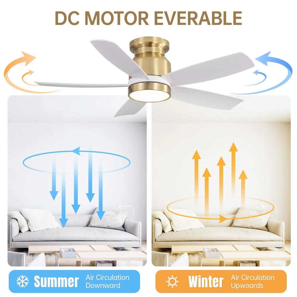 Flush Mount Ceiling Fan | 42 Inch Span | 22W 3CCT LED Light | DC Motor With Remote