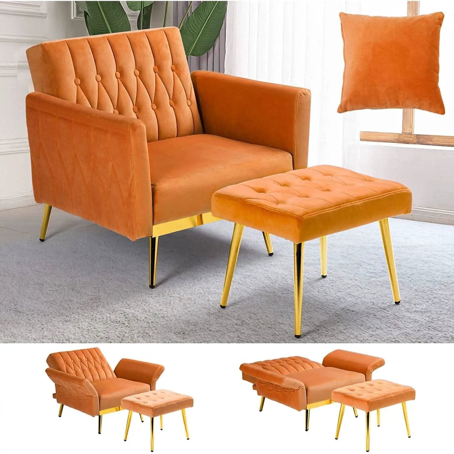 Velvet Armchair With Ottoman And Adjustable Backrest Orange from PriceLows™