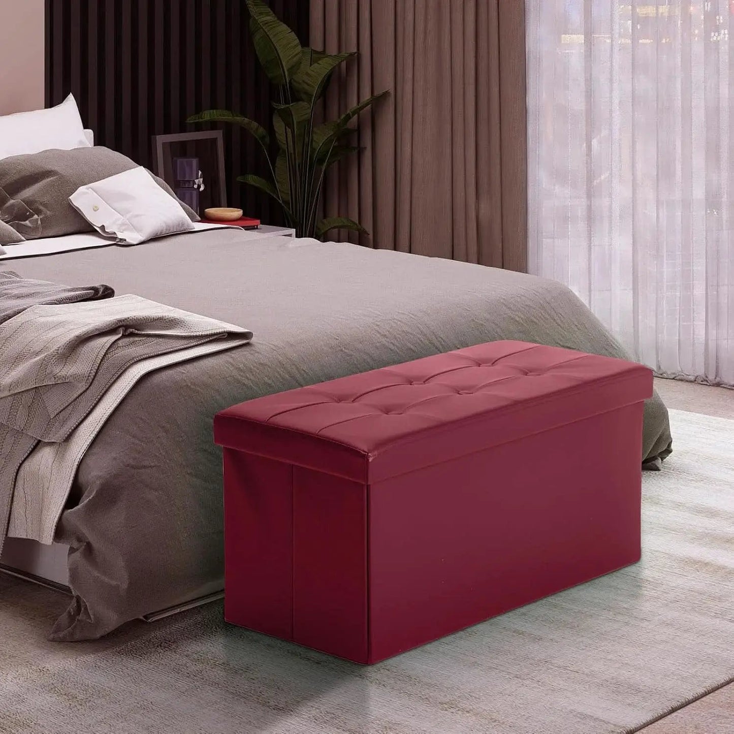 Ottoman Storage Bench 30x15x15 Inches Burgundy Leather from PriceLows™