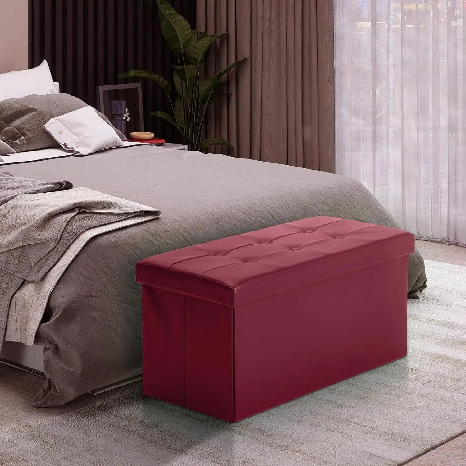 Ottoman Storage Bench 30x15x15 Inches Burgundy Leather from PriceLows™