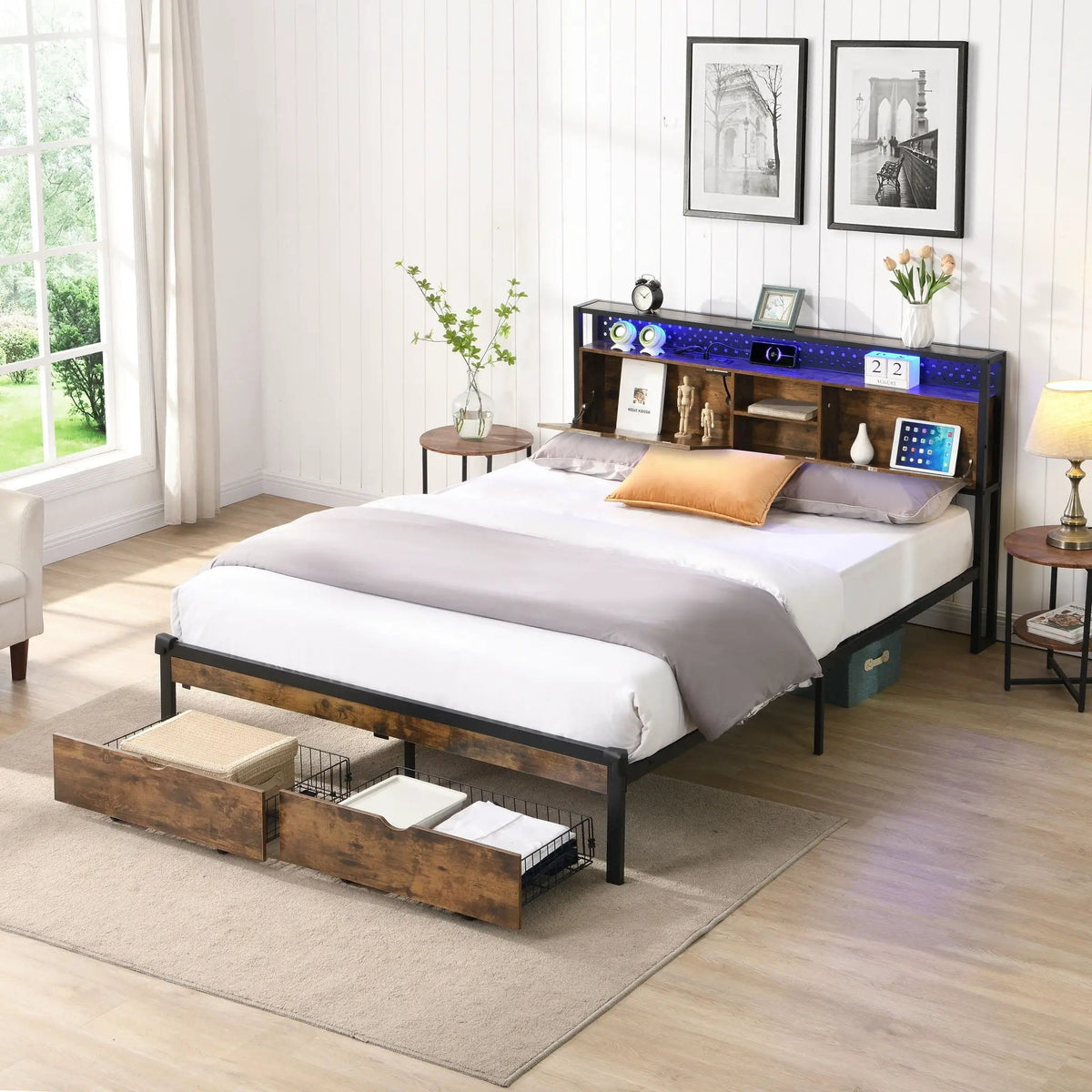 Metal Platform Bed Frame | Wooden Headboard | USB LED Storage