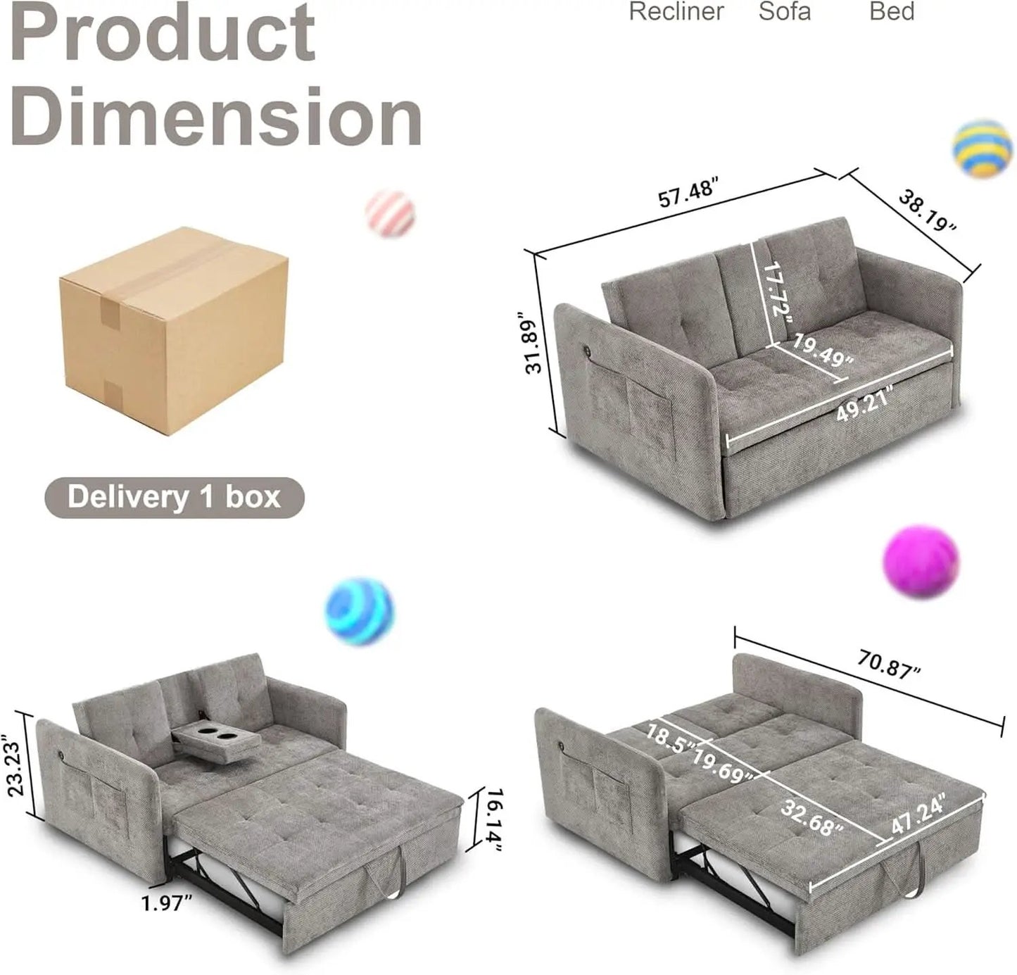 57 Inch Convertible Sofa Bed With USB Charging Ports Grey from PriceLows™