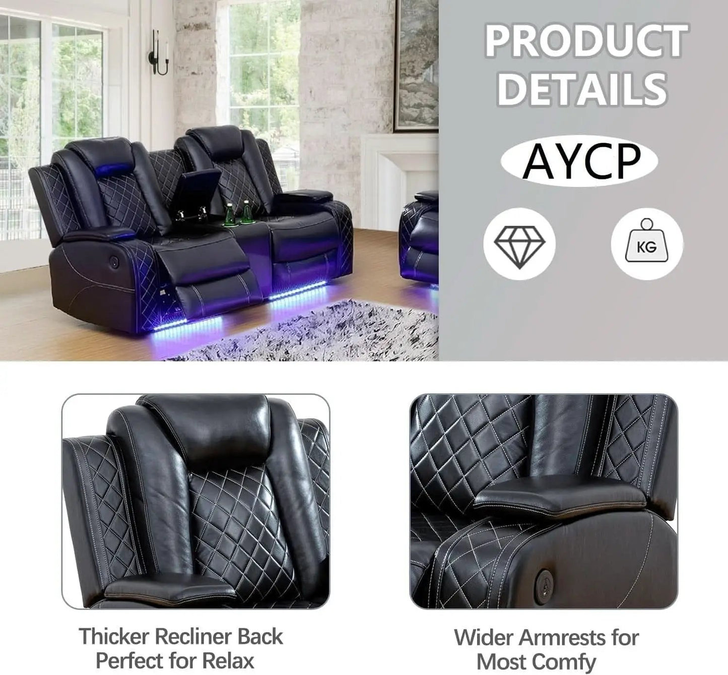 Black Power Air Leather Recliner Sofa Set With LED Lights from PriceLows™