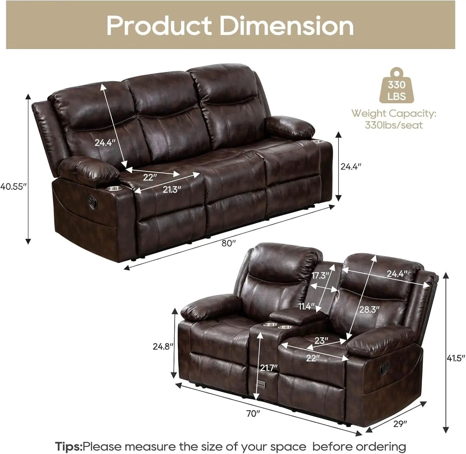 Brown Recliner Sofa Set With Massage And Heat 2 Piece from PriceLows™