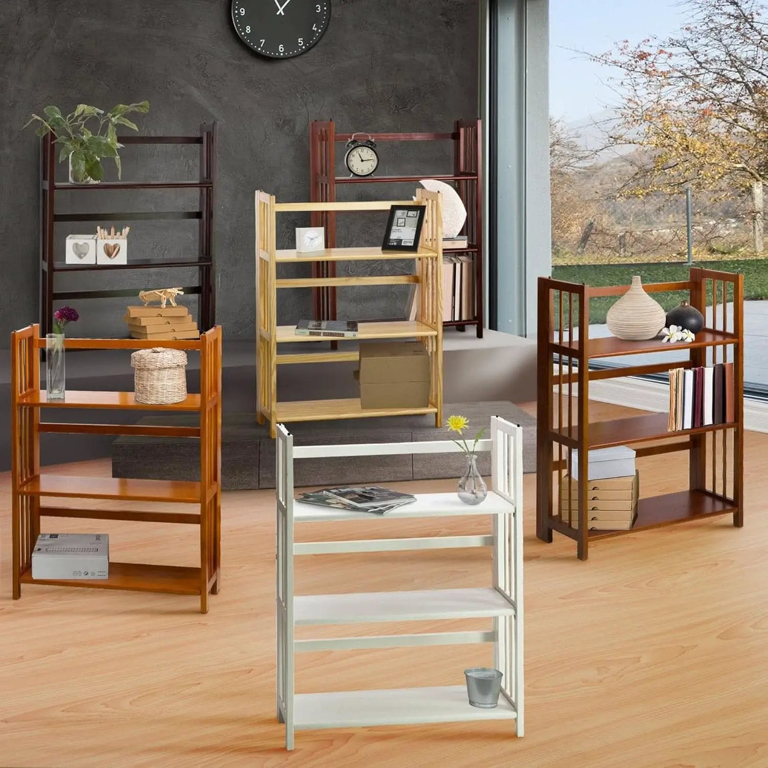 Three Shelf Folding Stackable Bookcase 27.5 Inch Wide Espresso Wood Home Office Storage from PriceLows™