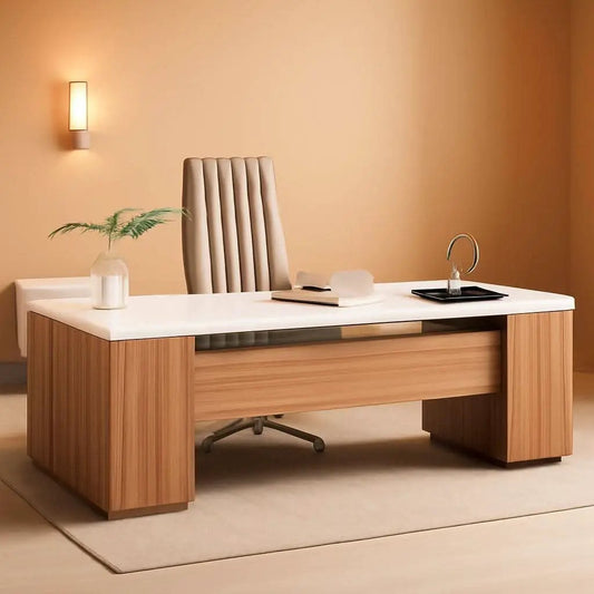 85 Point 8 Inch L-Shaped Executive Desk White Walnut Storage Cabinet from PriceLows™