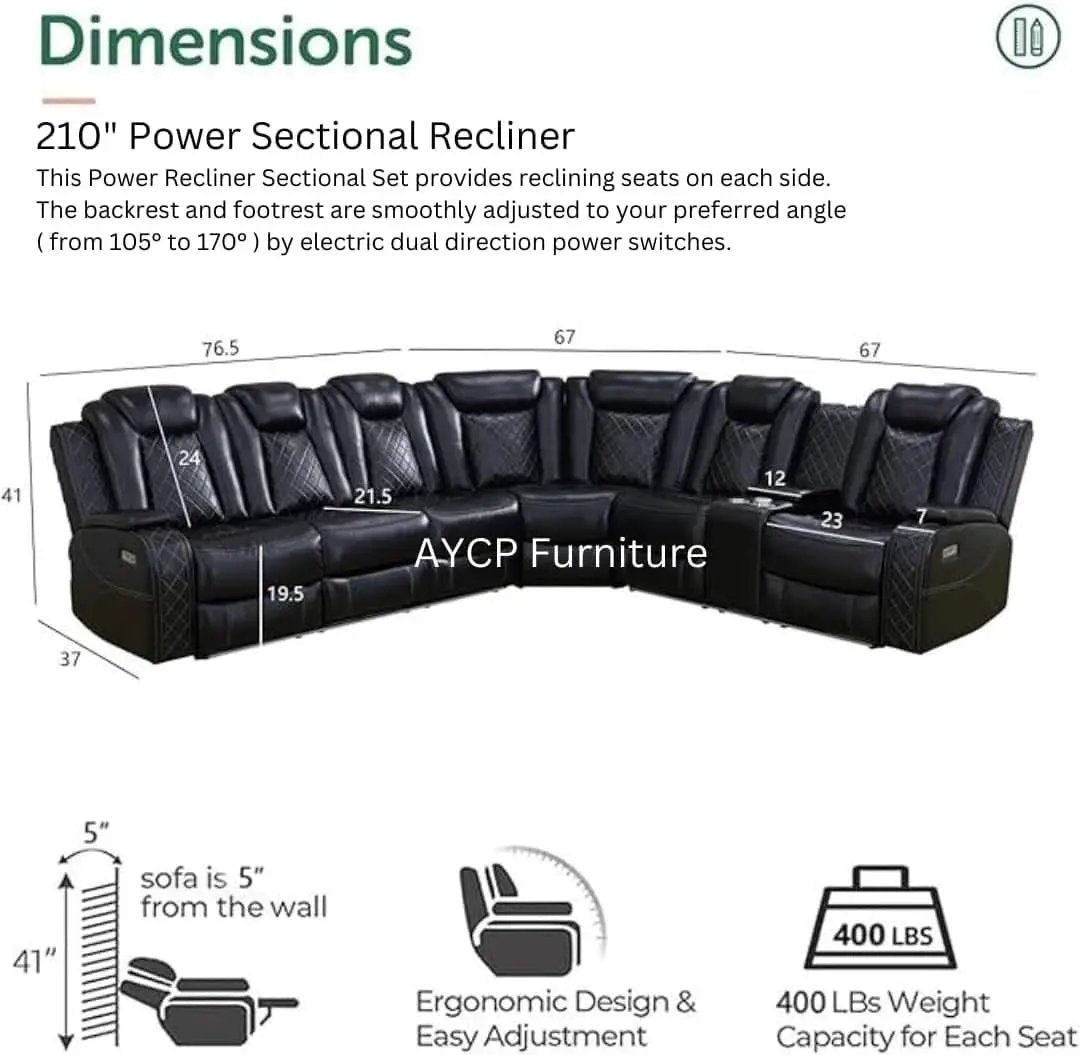 Power Recliner Sectional Sofa Black With LED Lights from PriceLows™