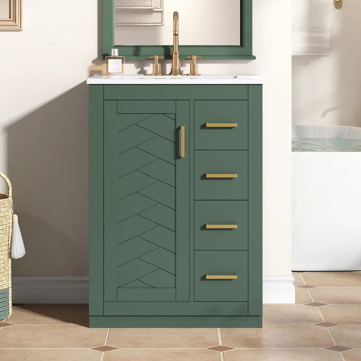 24 Inch Modern Bathroom Vanity | 1 Door 3 Drawers | Ceramic Sink | Compact Footprint