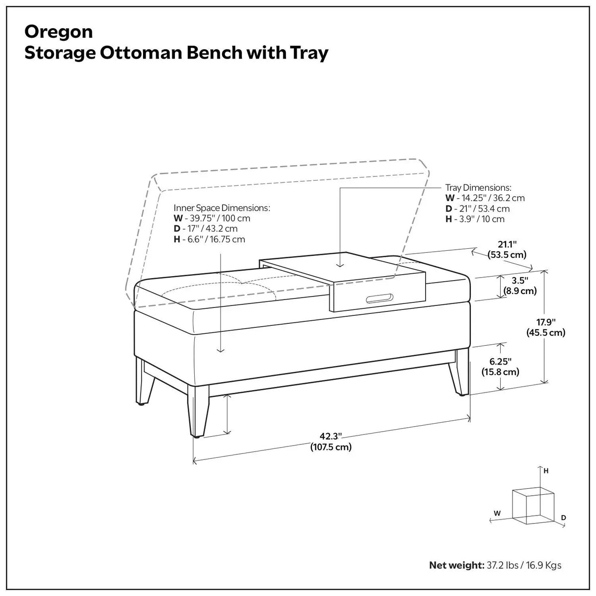 Oregon Contemporary Storage Ottoman Bench | Serving Tray | Lift Open Lid | Child Safety Hinge