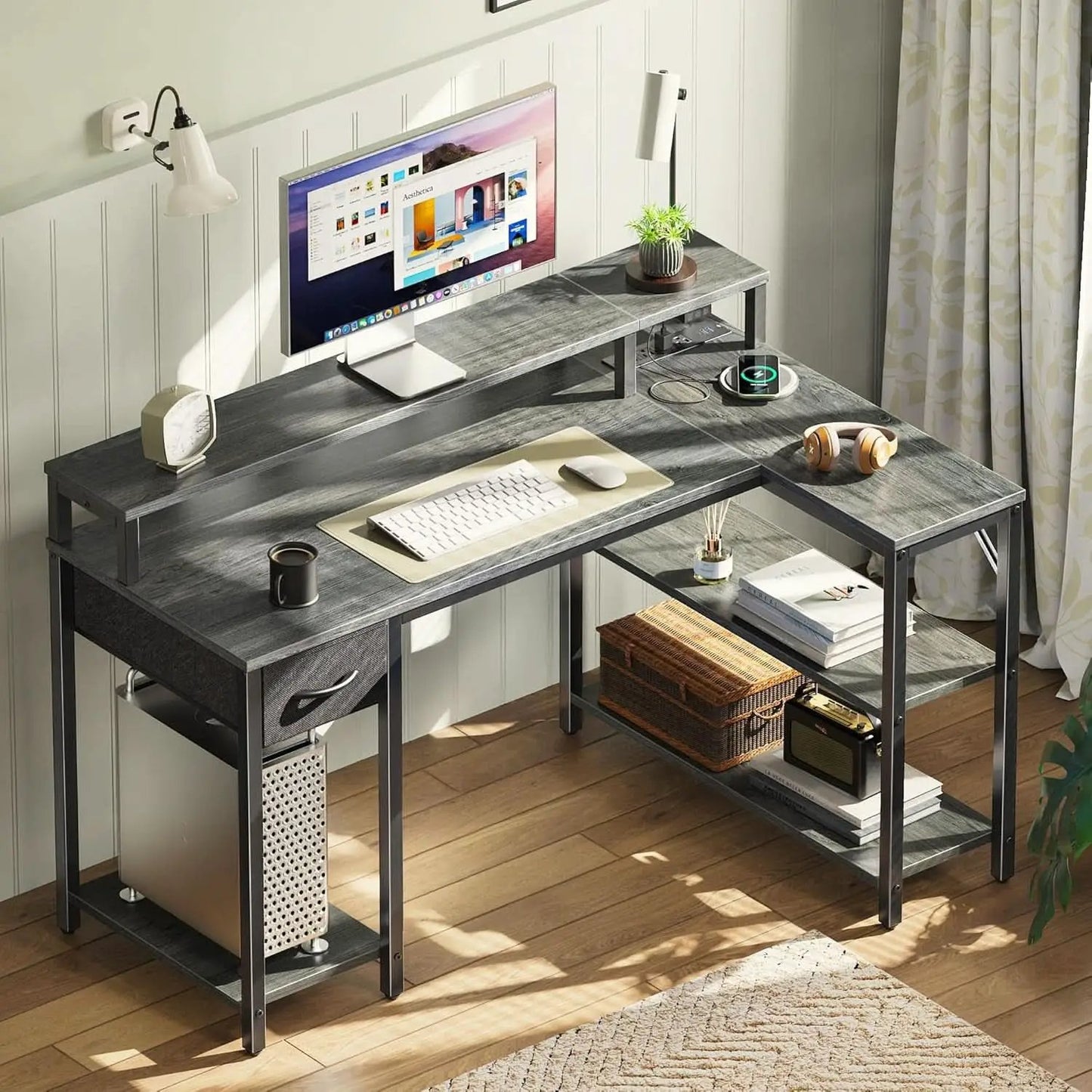 47 Inch L Shaped Desk With Led Lights And Power Outlets Grey from PriceLows™