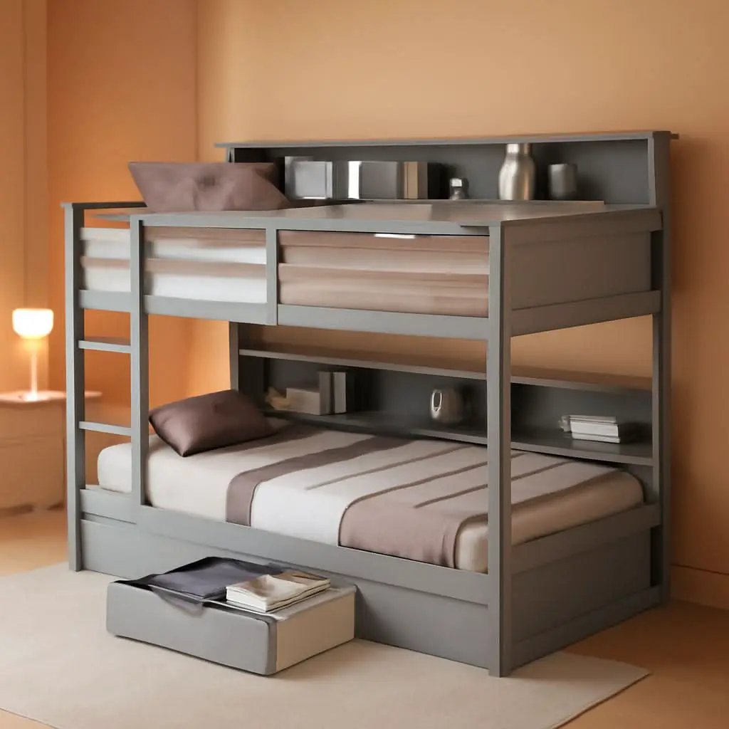 Twin Over Twin Bunk Bed Gray Storage Drawer And Shelves from PriceLows™