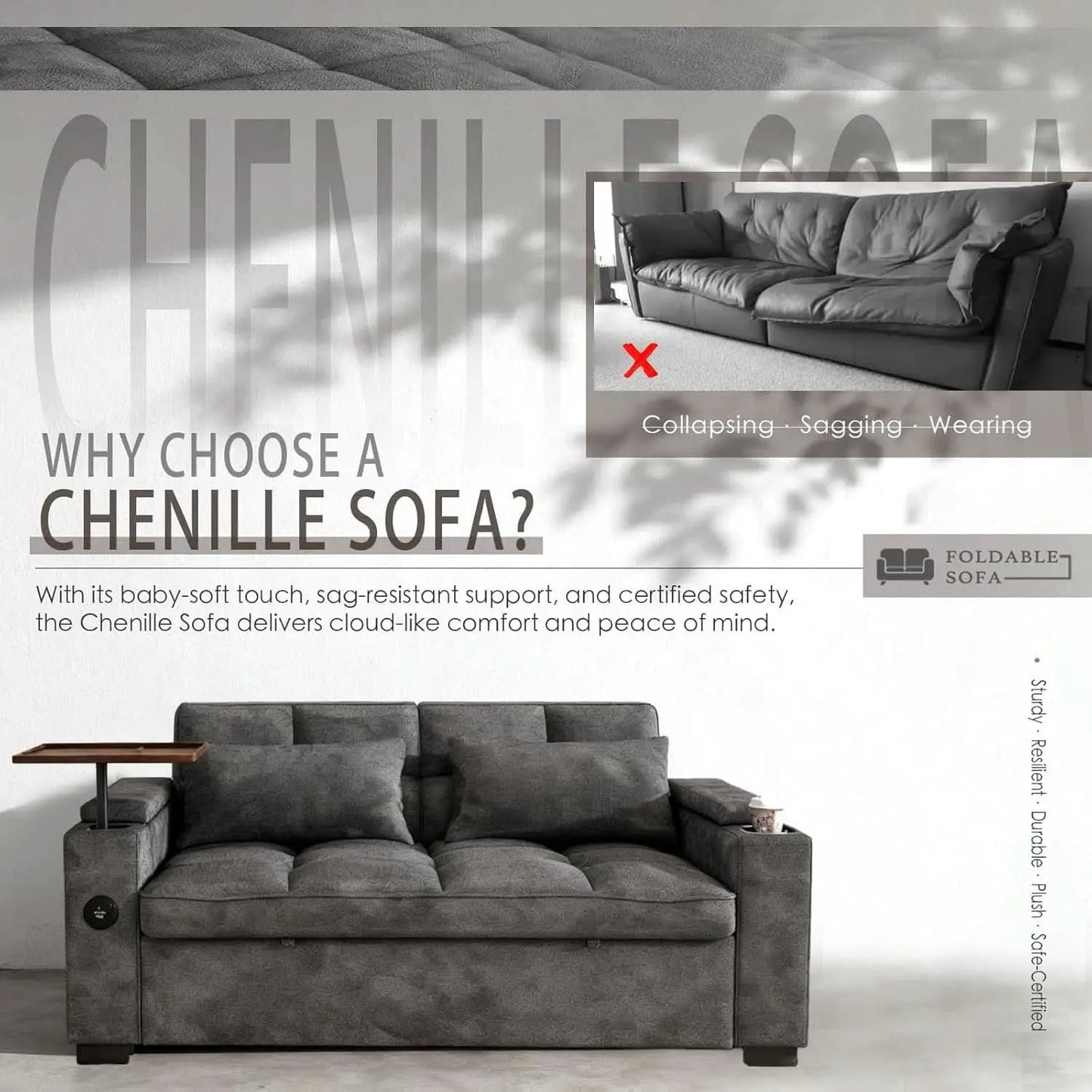 65Inch Grey Chenille Convertible Sleeper Sofa Table from PriceLows™