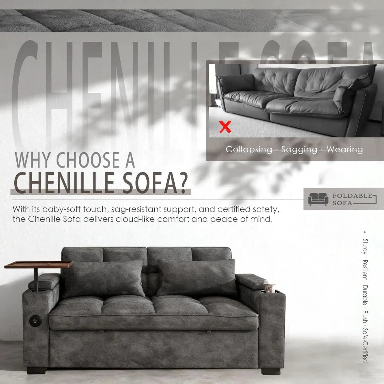 65Inch Grey Chenille Convertible Sleeper Sofa Table from PriceLows™