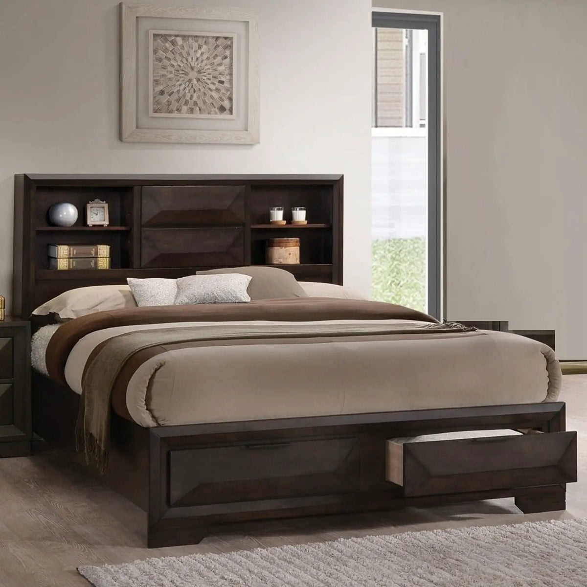 Storage Bed With Bookcase Headboard | Footboard Storage | Transitional Style | Solid And Engineered Wood
