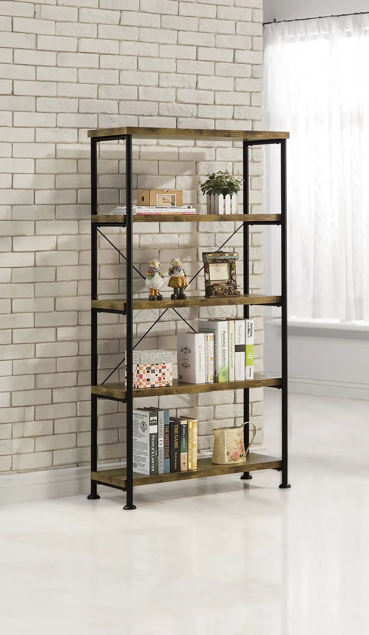 Analiese 63-inch 4-shelf Bookshelf Rustic Nutmeg Standard Bookcase | 31.5 x 14.25 x 63 in | Engineered Wood & Metal | Home Office
