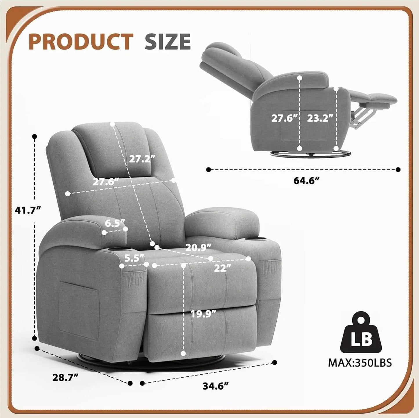 Gray Fabric Swivel Rocker Recliner With Vibration Massage from PriceLows™