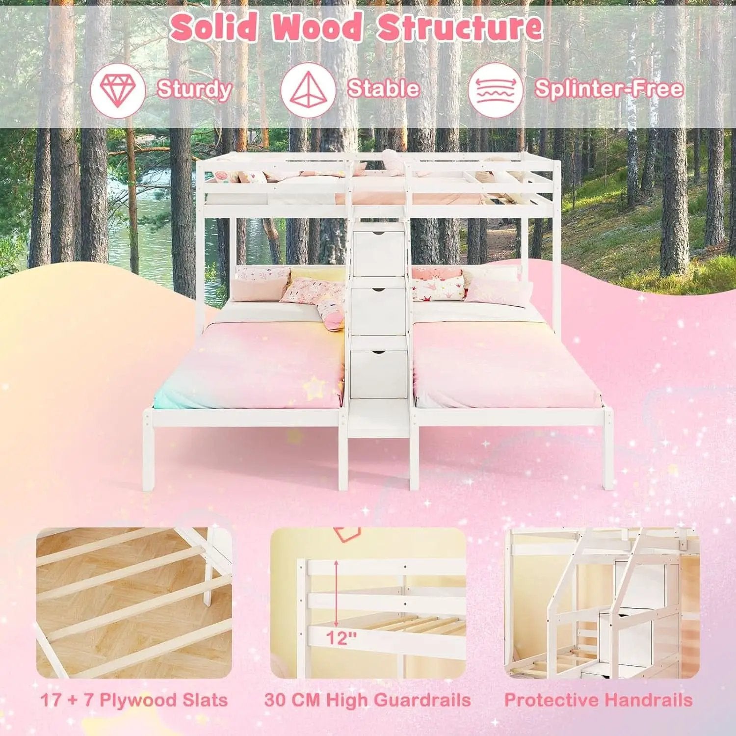 White Solid Wood Triple Bunk Bed With Storage Stair from PriceLows™