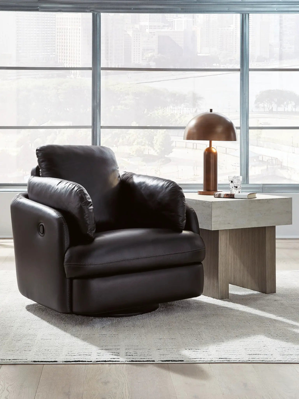 Swivel Glider Recliner | Top Grain Leather | One Pull Reclining | Black