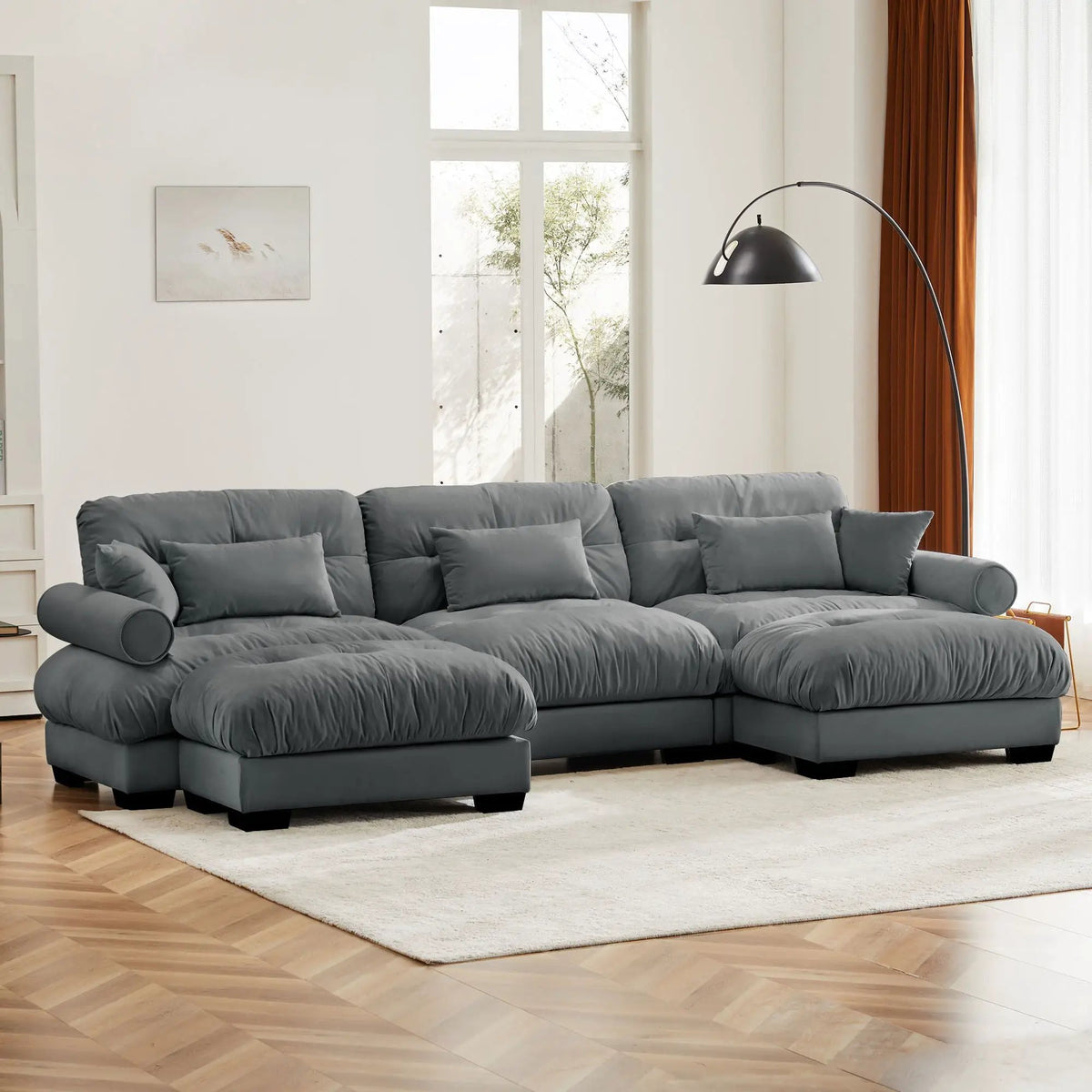 Modular Sectional Sofa | Deep Comfort Cushions | Vintage Fabric Ottoman