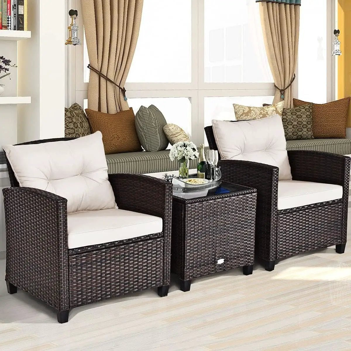 3 Piece Patio Furniture Set White PE Rattan Wicker Outdoor Sofa Set With Washable Cushions And Tempered Glass Tabletop from PriceLows™