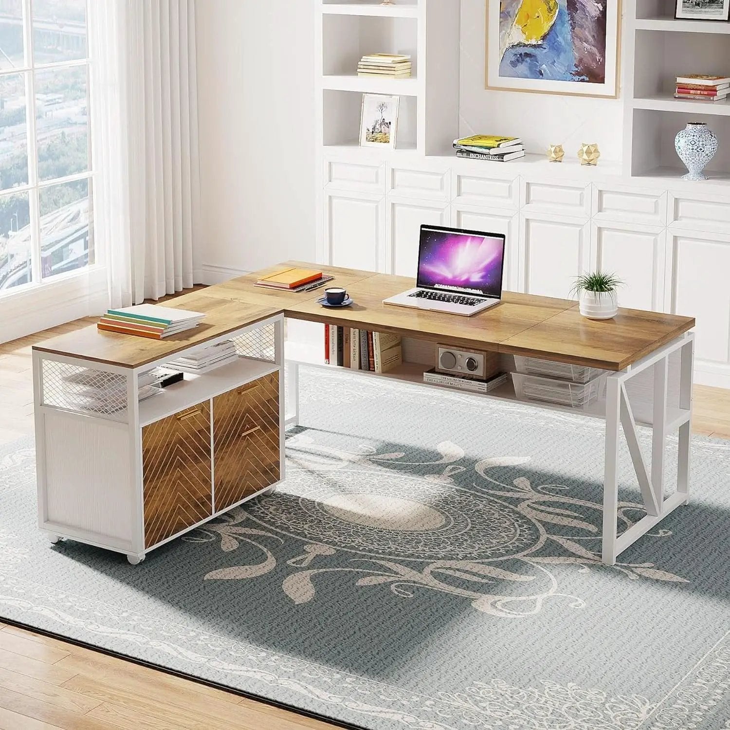 Modern File Cabinet With Drawers In Dark Walnut Casters from PriceLows™