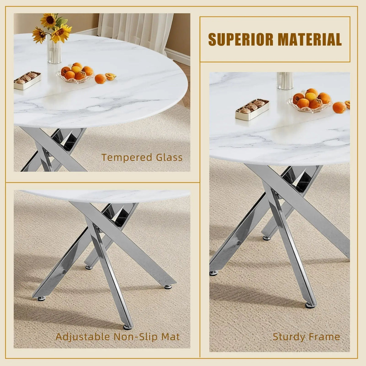 Round Dining Table | Metal Frame | 220 Lb Capacity | Stain Resistant Top