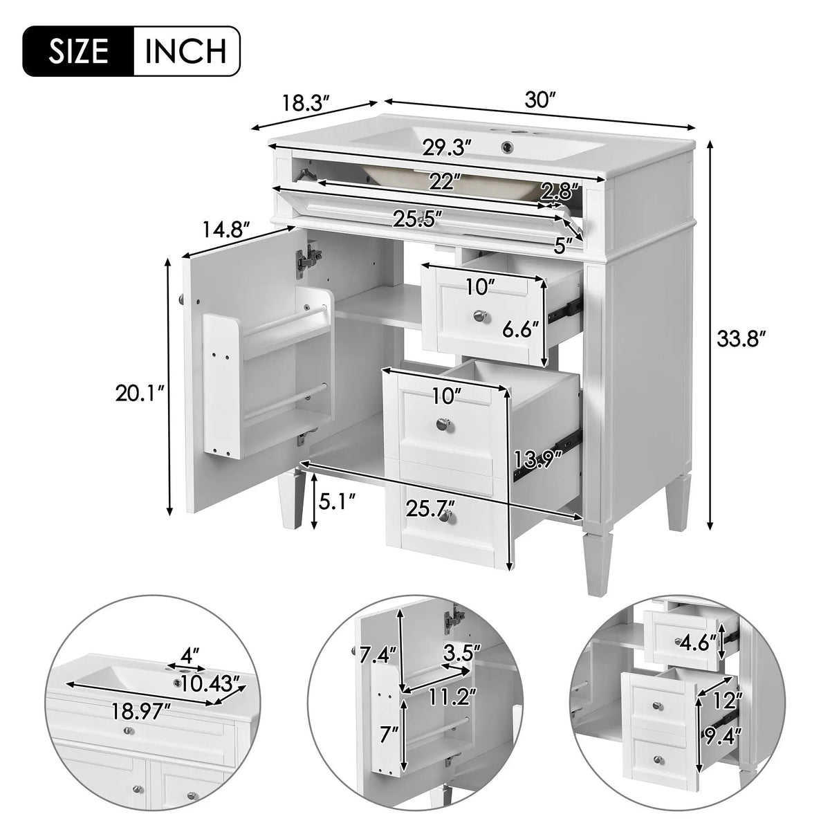 30 Inch Bathroom Vanity With Top Sink | 2 Drawers | Tip-Out Drawer | Vintage-Inspired Handles