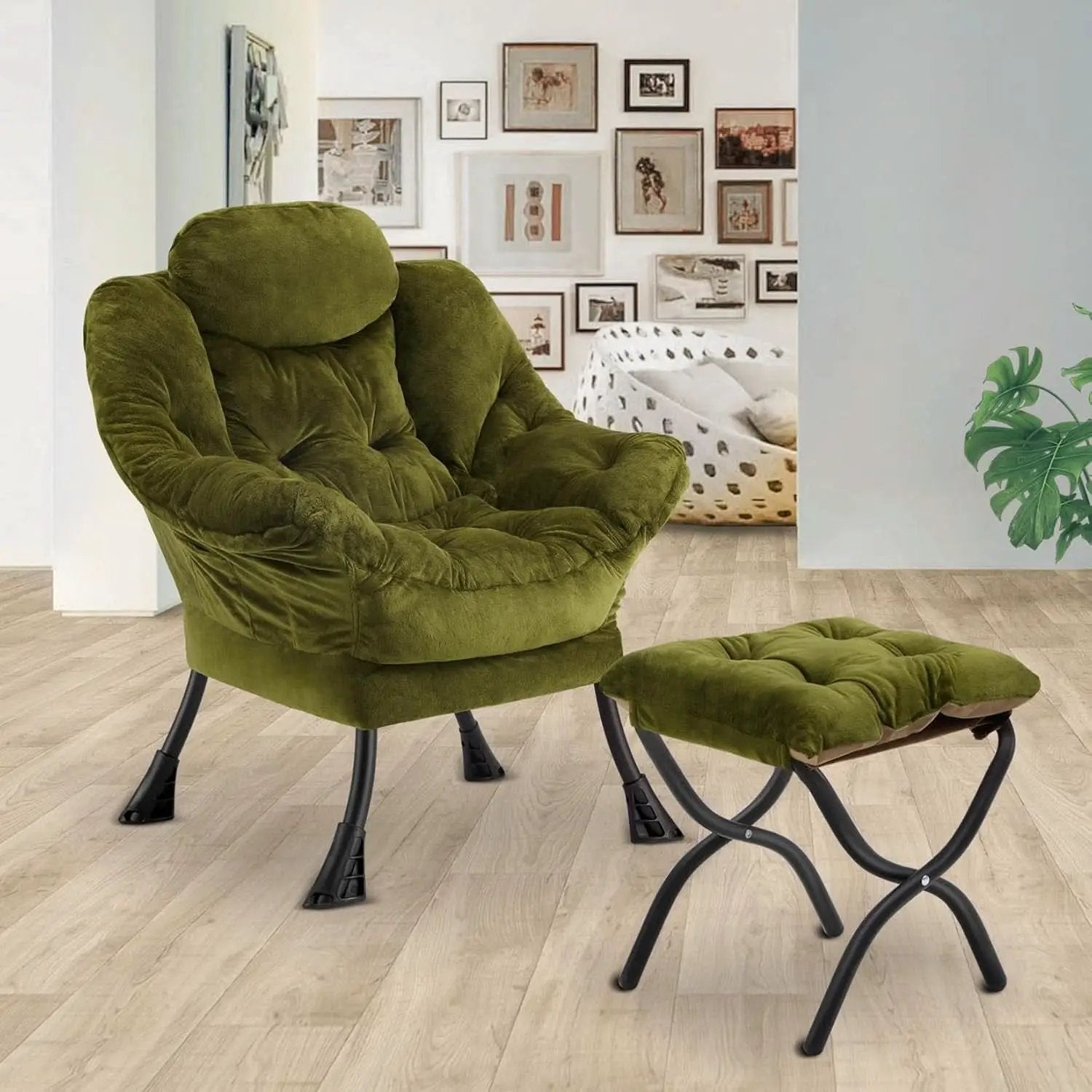 Plush Green Folding Ottoman Lounge Chair With Footrest from PriceLows™