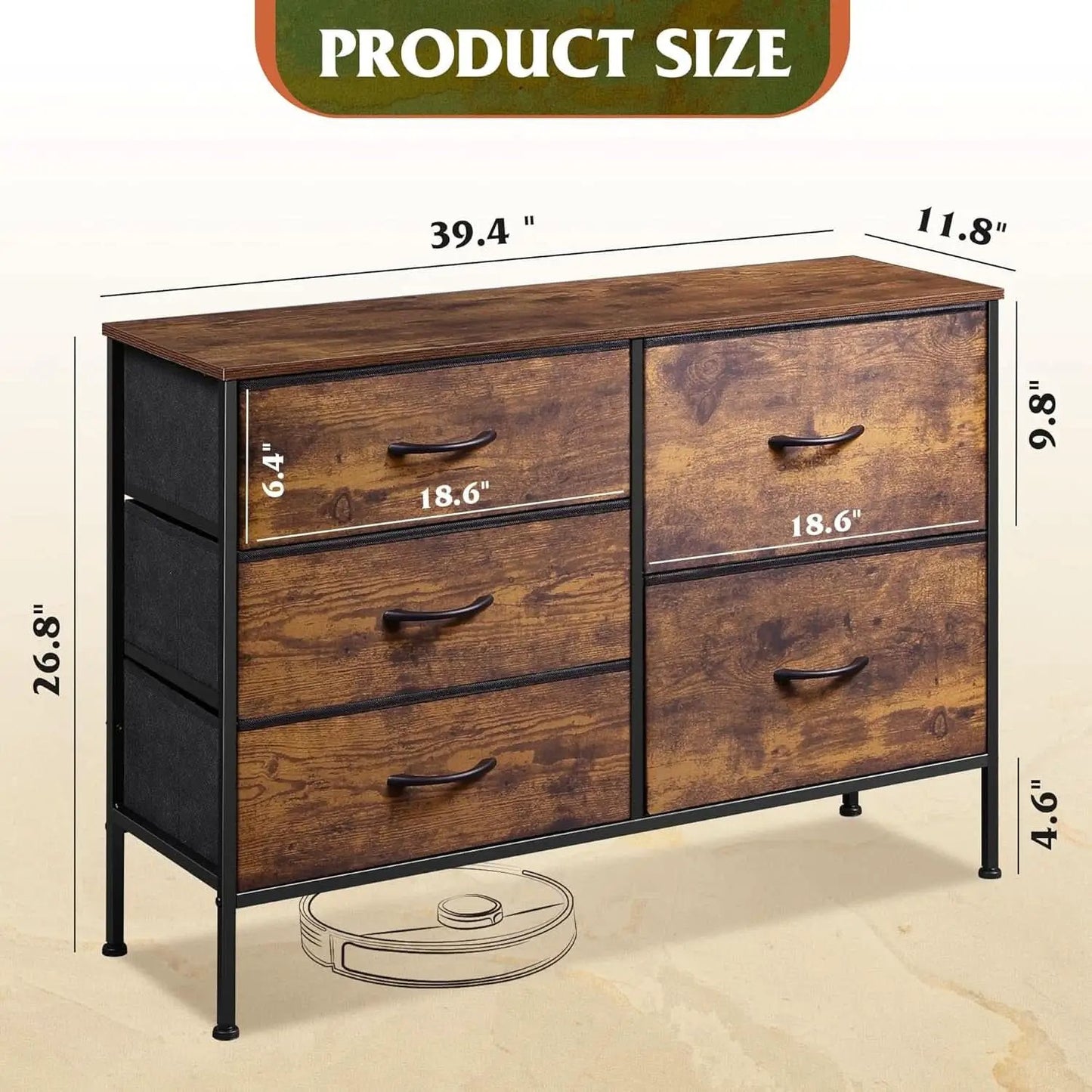 Rustic Brown Wood Grain 5 Drawer Dresser For Bedroom from PriceLows™