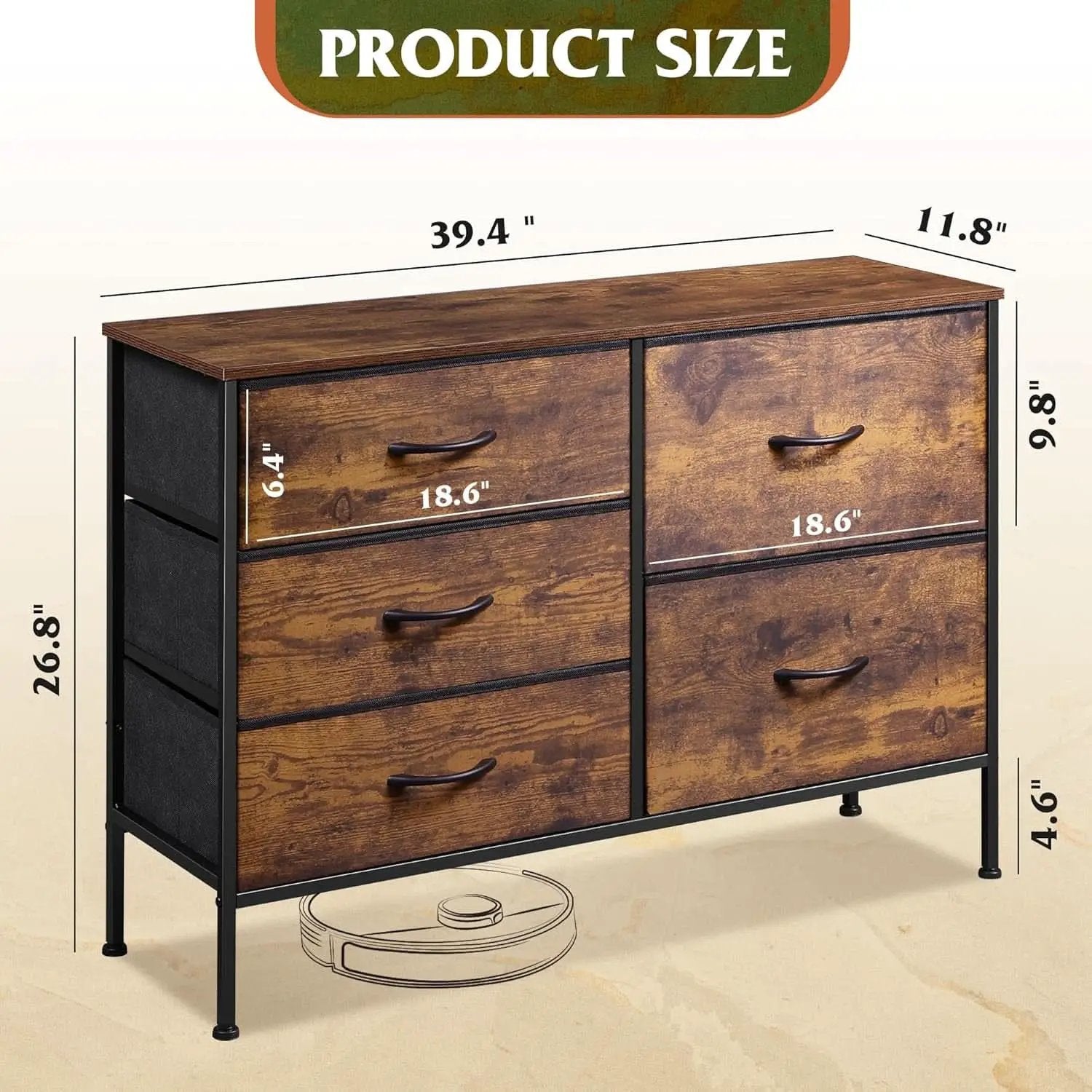 Rustic Brown Wood Grain 5 Drawer Dresser For Bedroom from PriceLows™