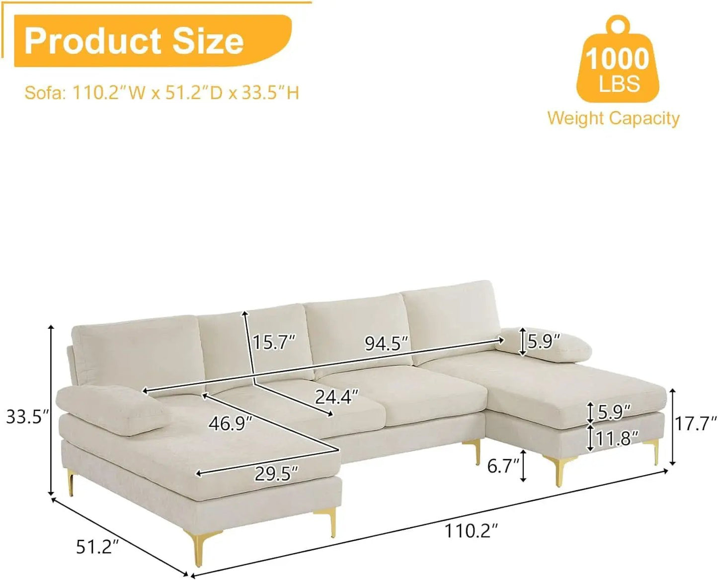 Convertible Sectional Sofa 110 Inch U Shape Creamy White from PriceLows™