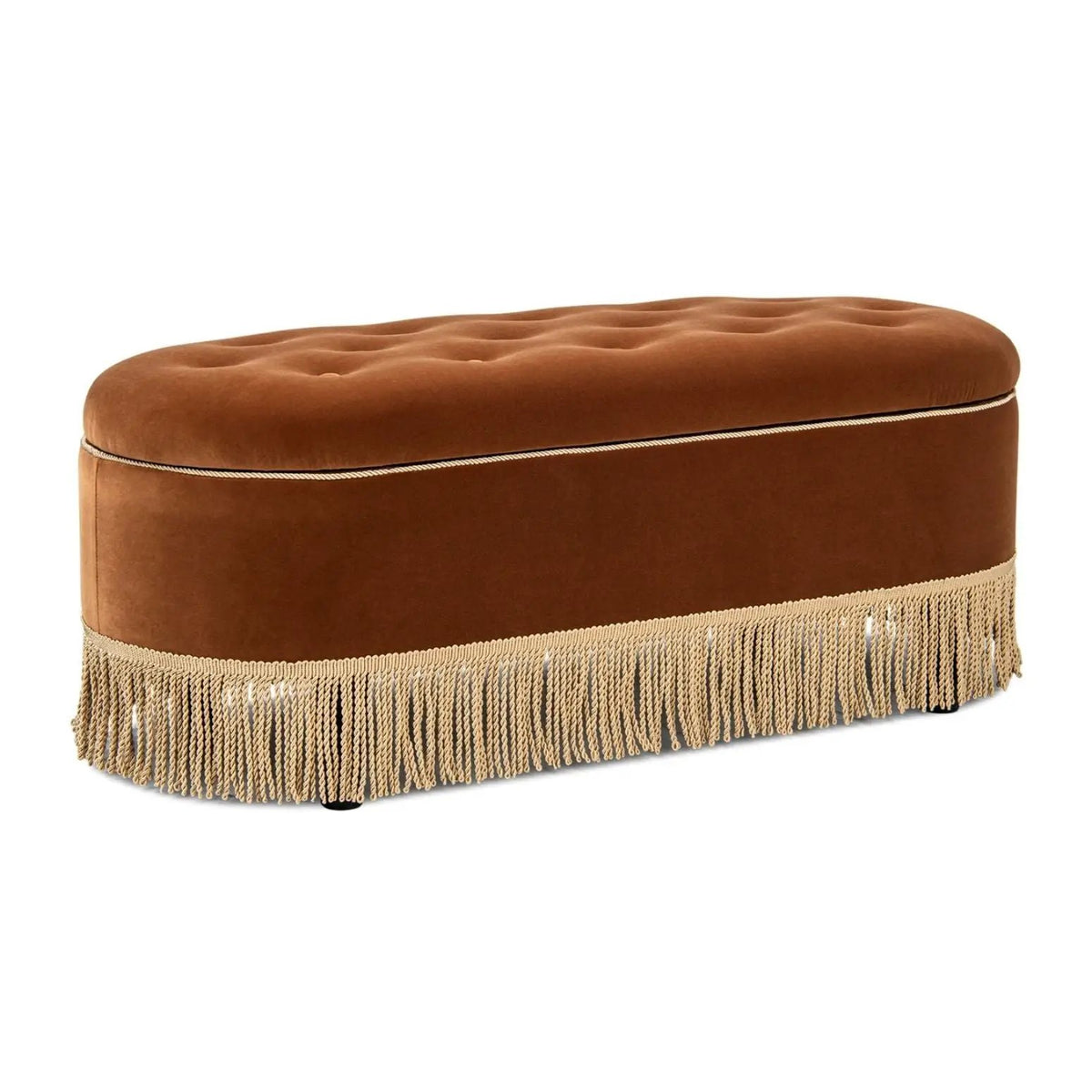 Melinda Oval Storage Bench | Button Tufted Seat | Bullion Fringe | Flip-Top Compartment