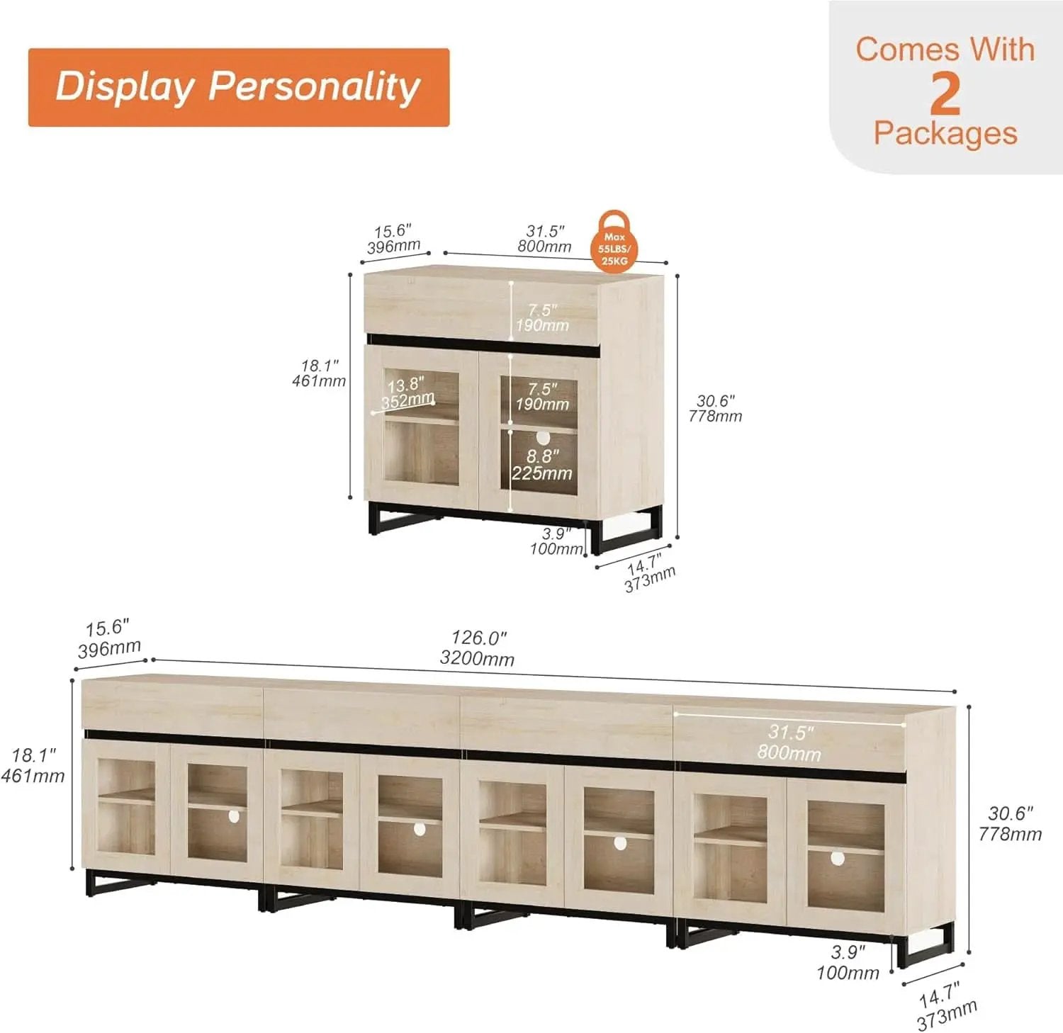 Natural Oak Contemporary Sideboard With Glass Doors from PriceLows™